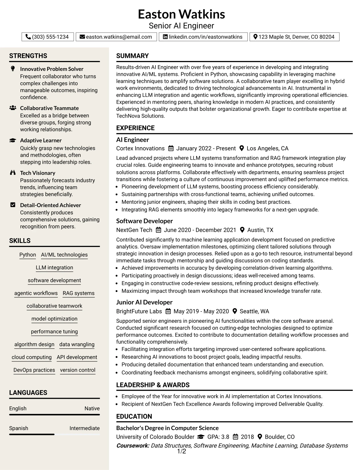 Resume Example Page 1