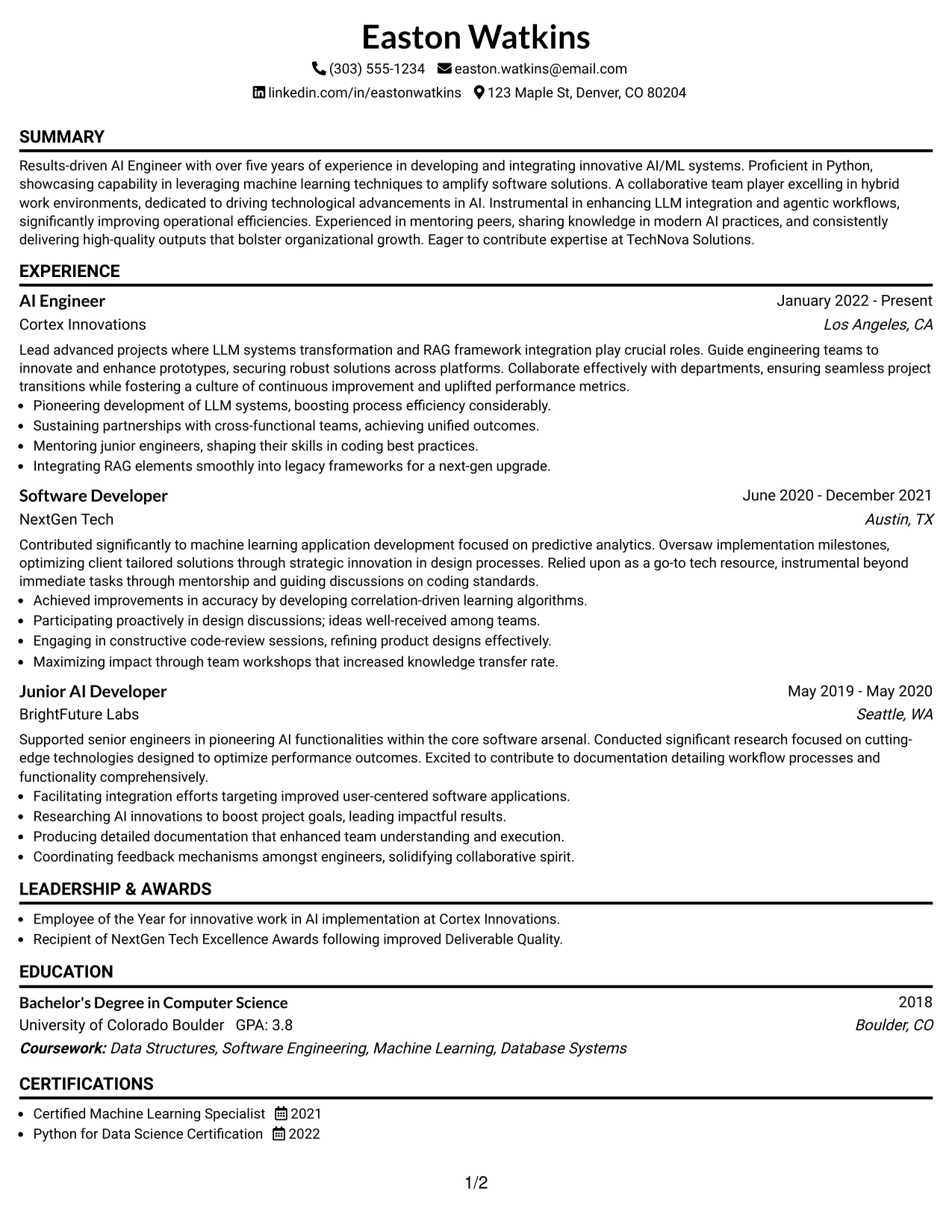 Resume Example Page 1