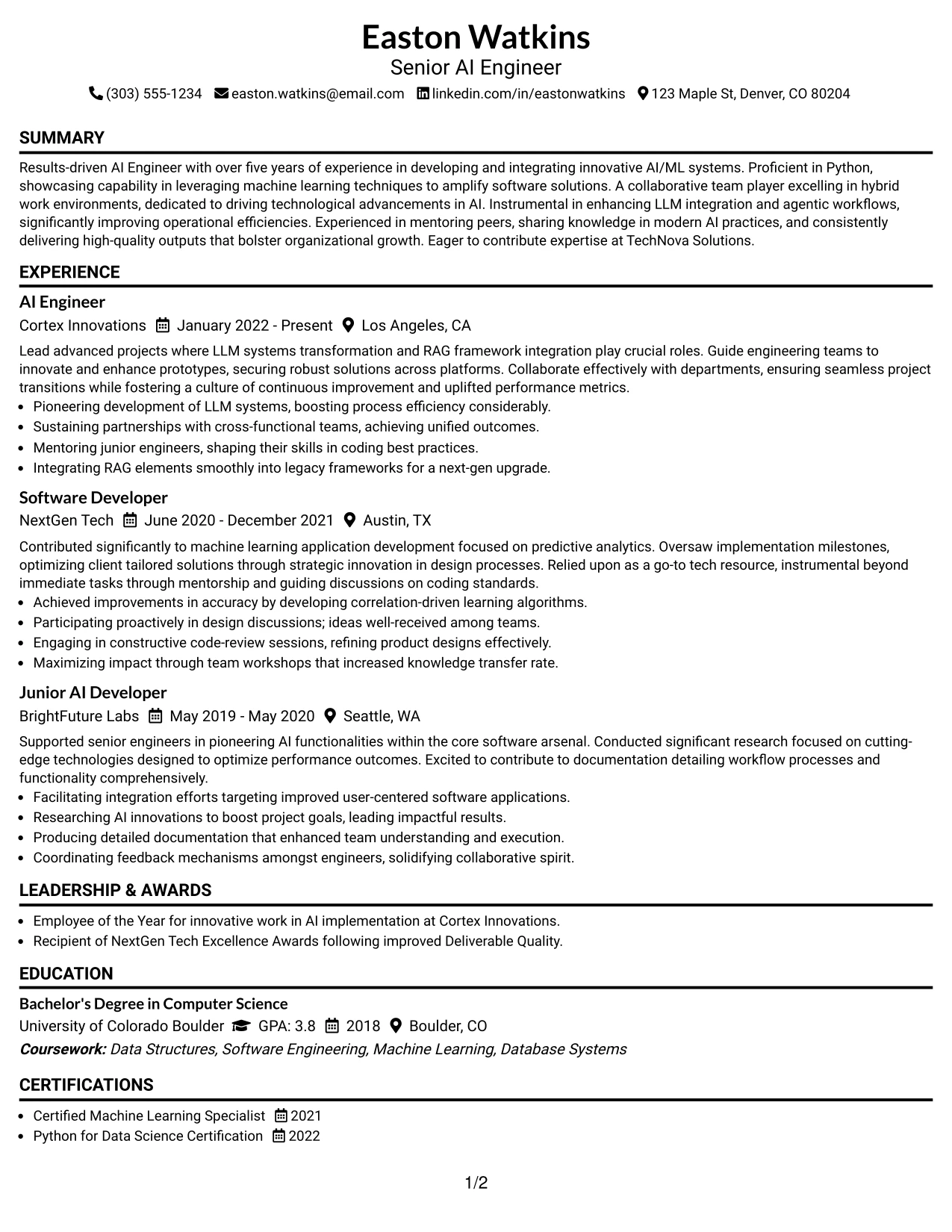 Resume Example Page 1