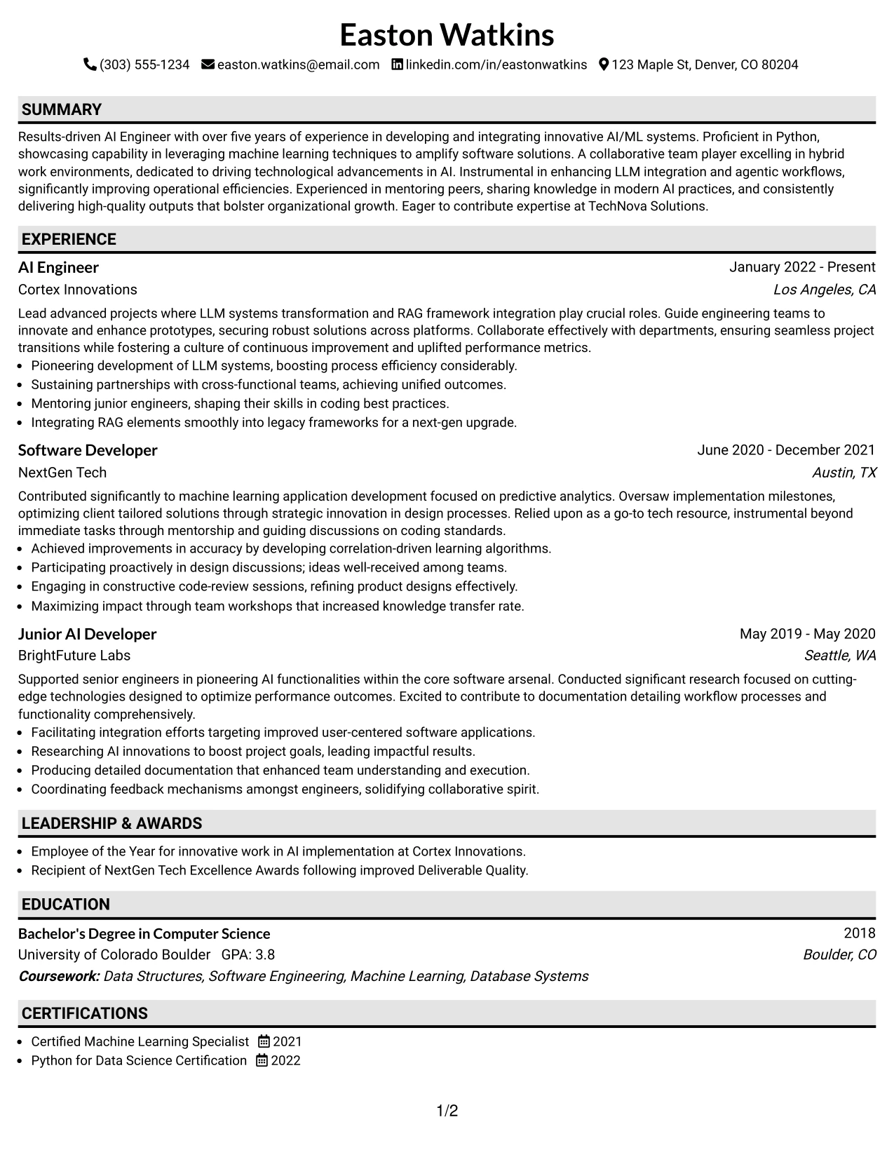 Resume Example Page 1