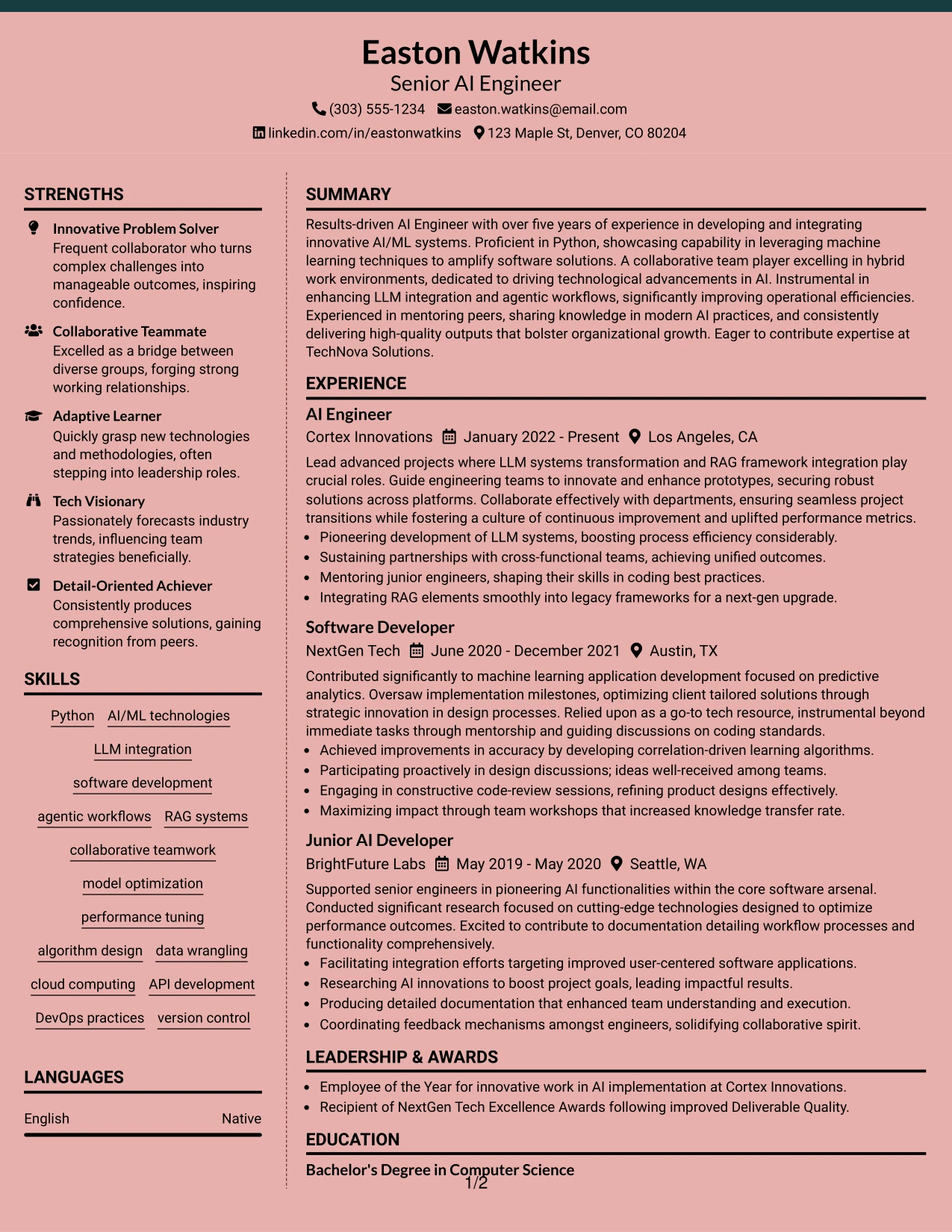 Resume Example Page 1