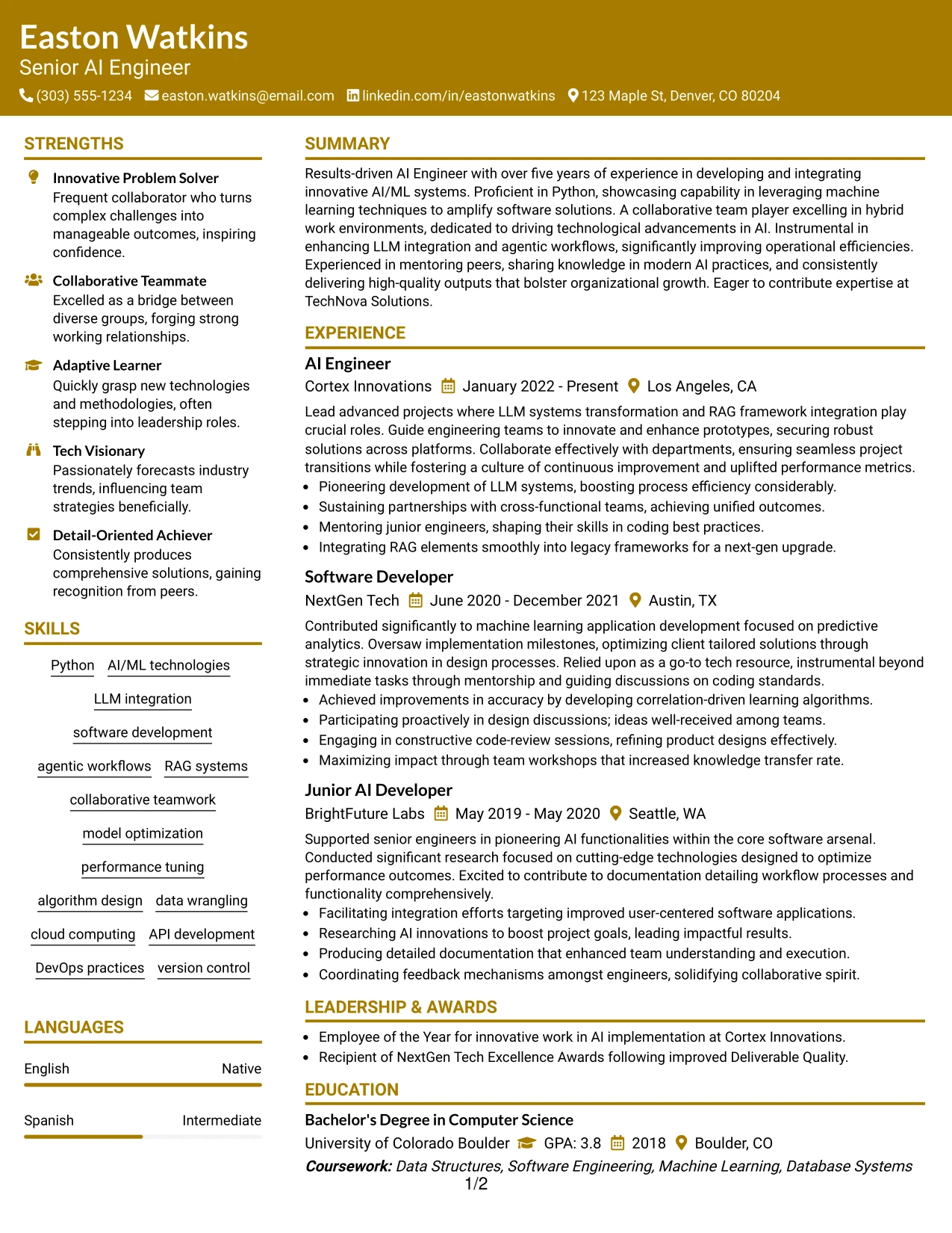 Resume Example Page 1