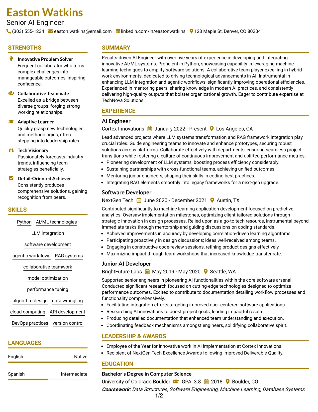 Resume Example Page 1
