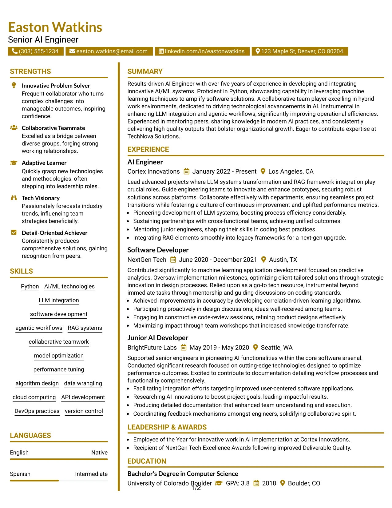 Resume Example Page 1
