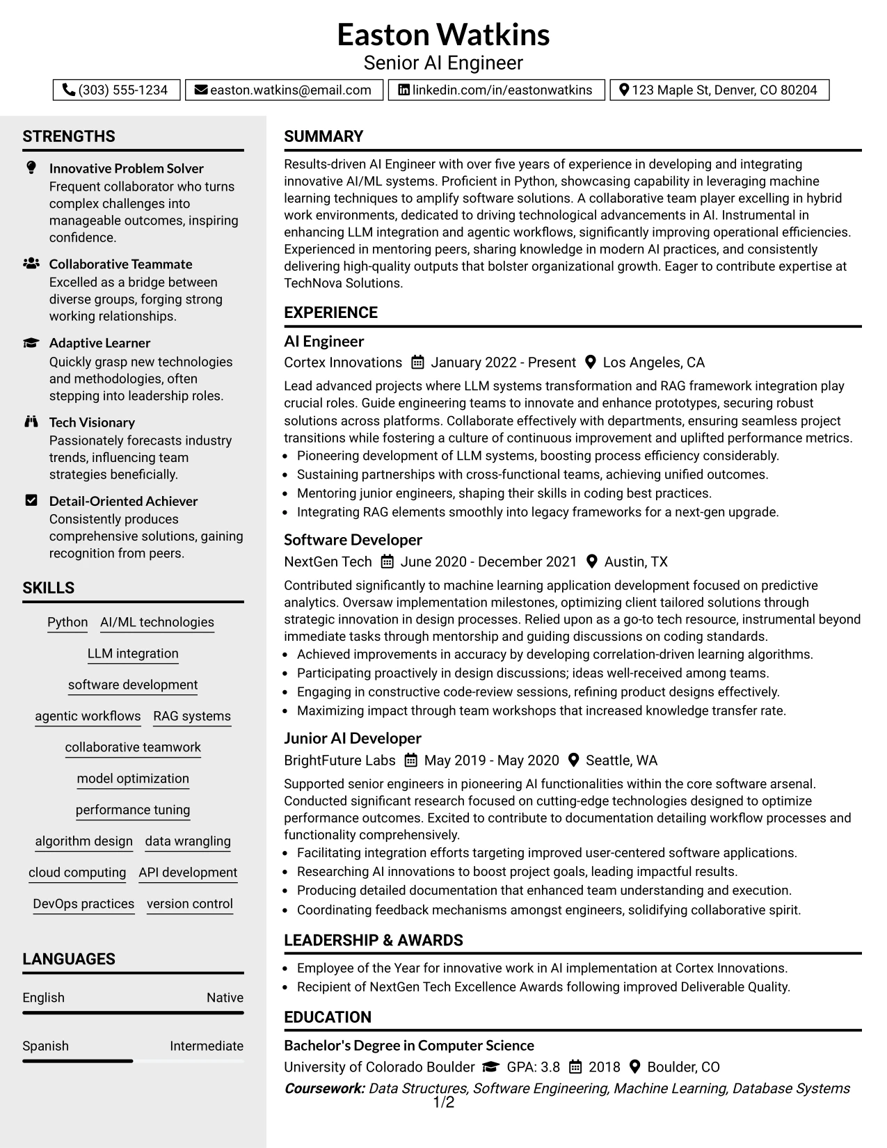 Resume Example Page 1