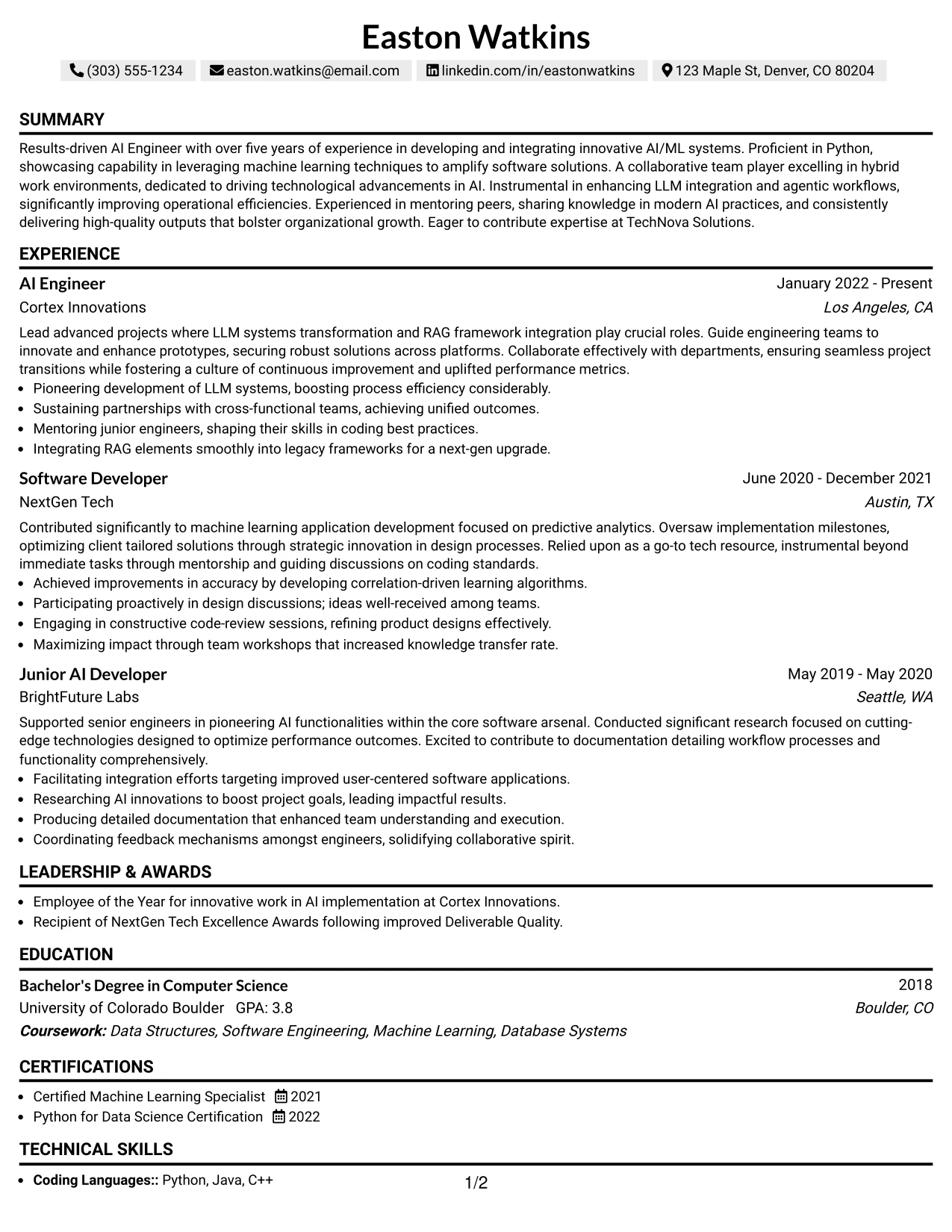 Resume Example Page 1