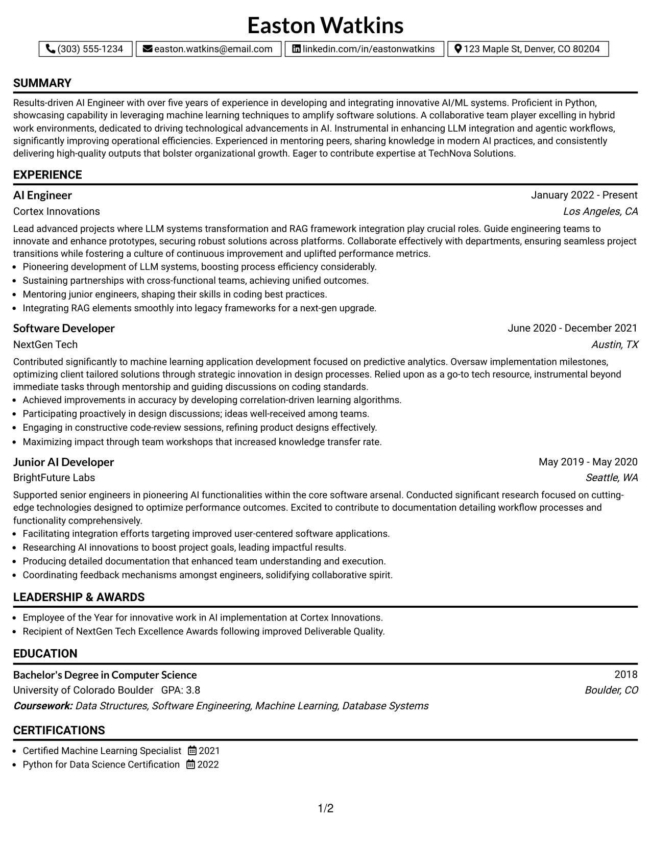 Resume Example Page 1