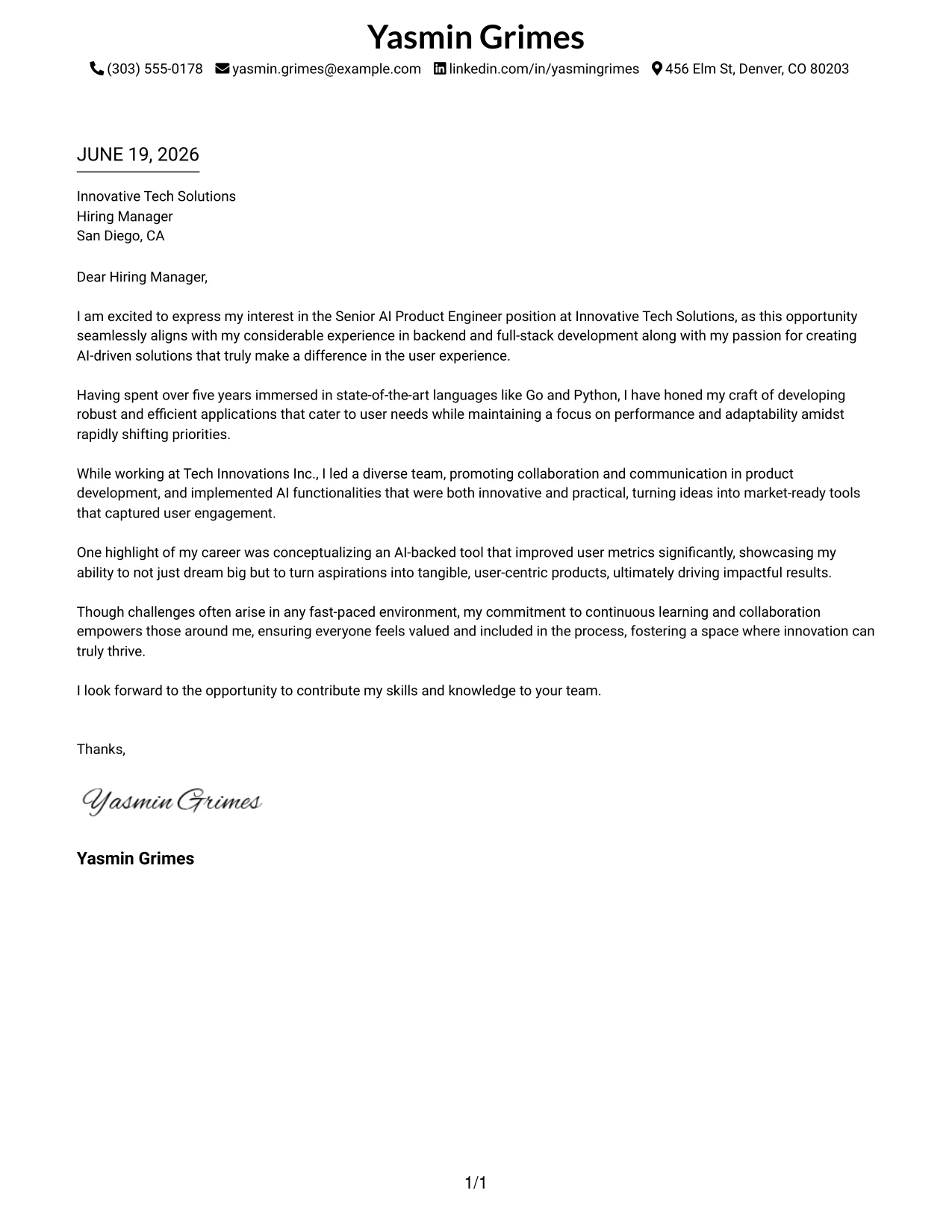 Resume Example Page 1