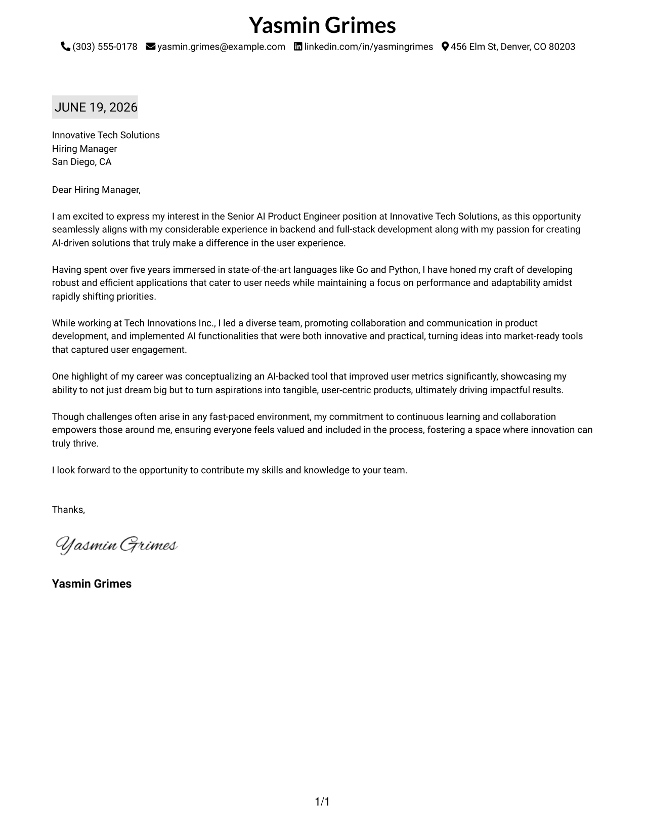 Resume Example Page 1