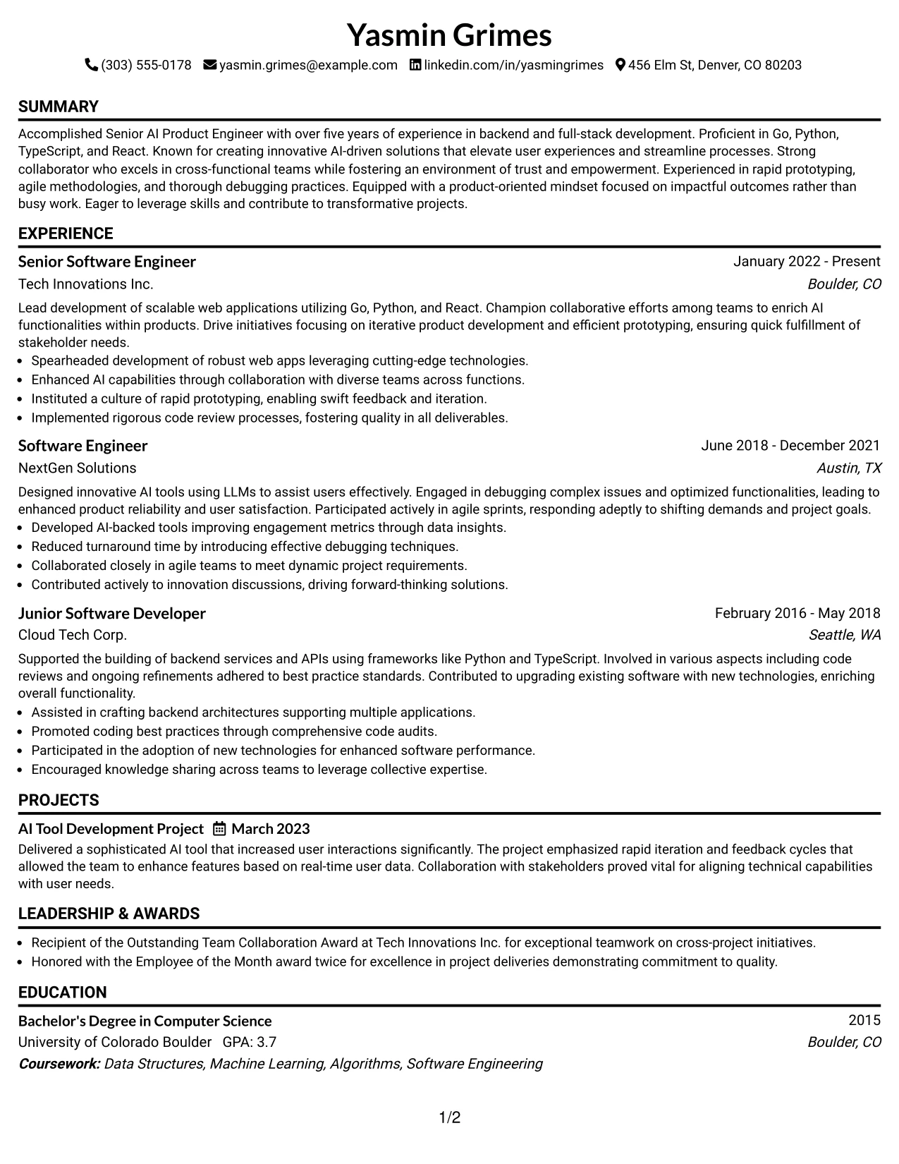 Resume Example Page 1