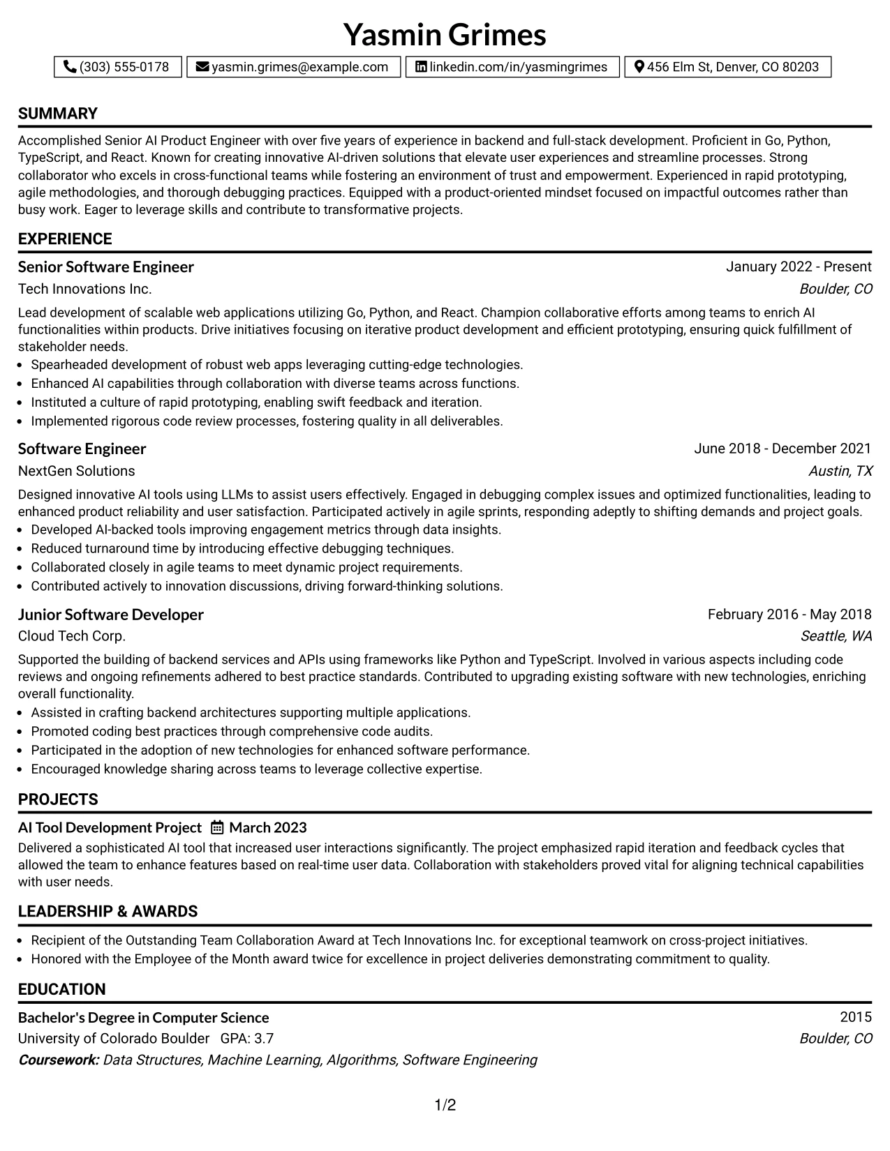 Resume Example Page 1