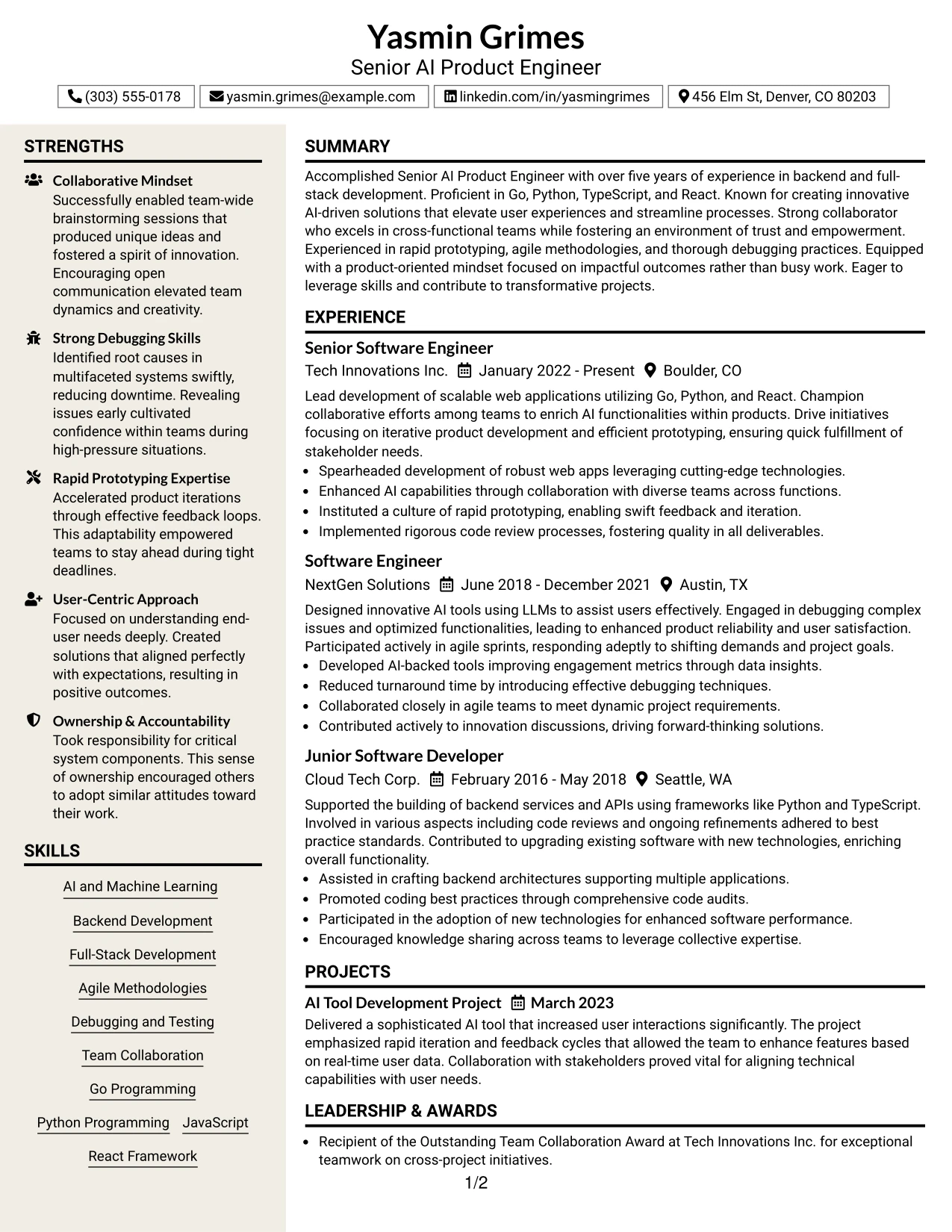 Resume Example Page 1