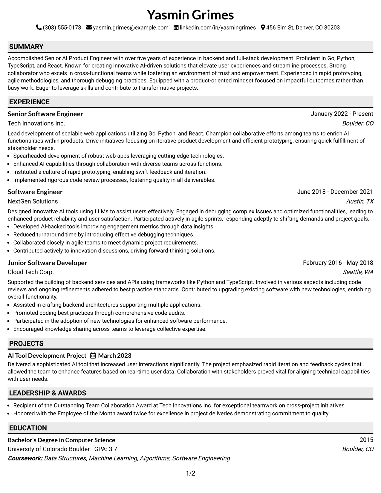 Resume Example Page 1