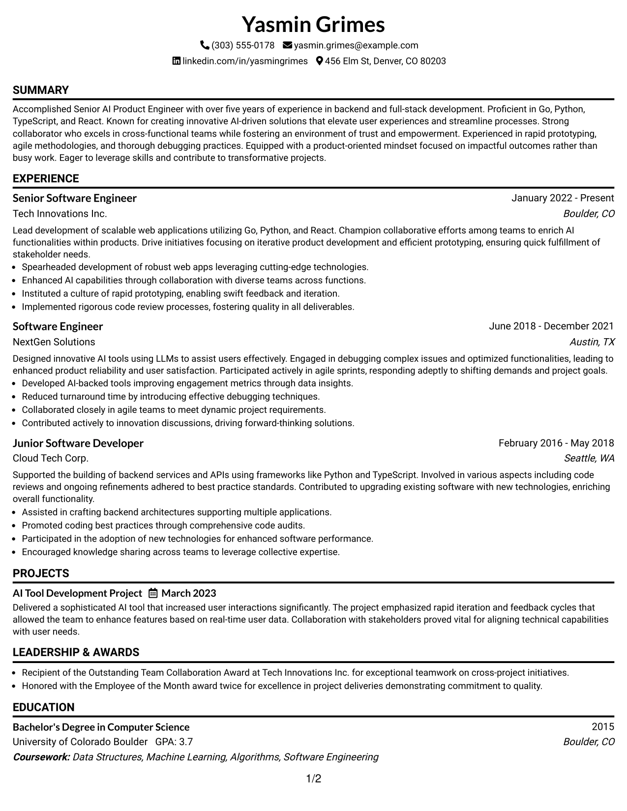 Resume Example Page 1