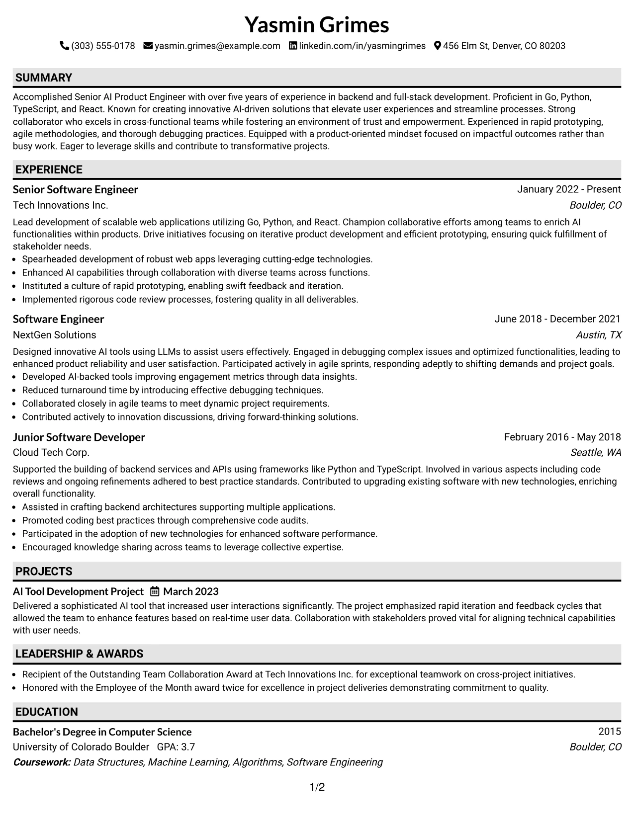 Resume Example Page 1