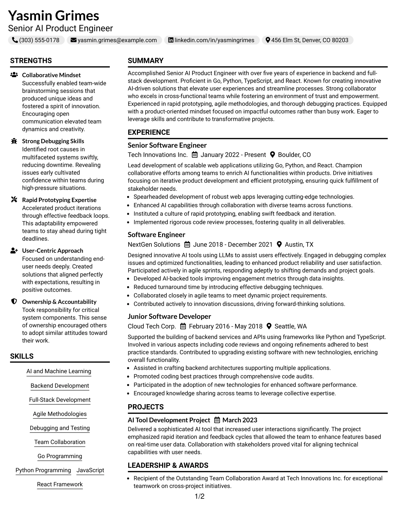 Resume Example Page 1