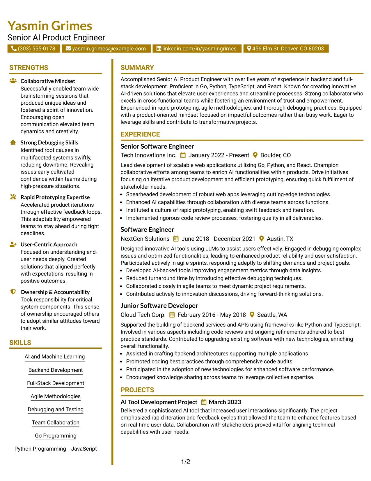 Resume Example Page 1