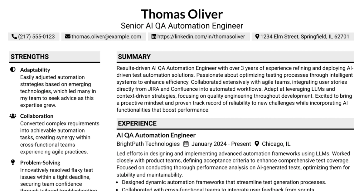 33 Senior AI QA Automation Engineer Resume Templates with Example