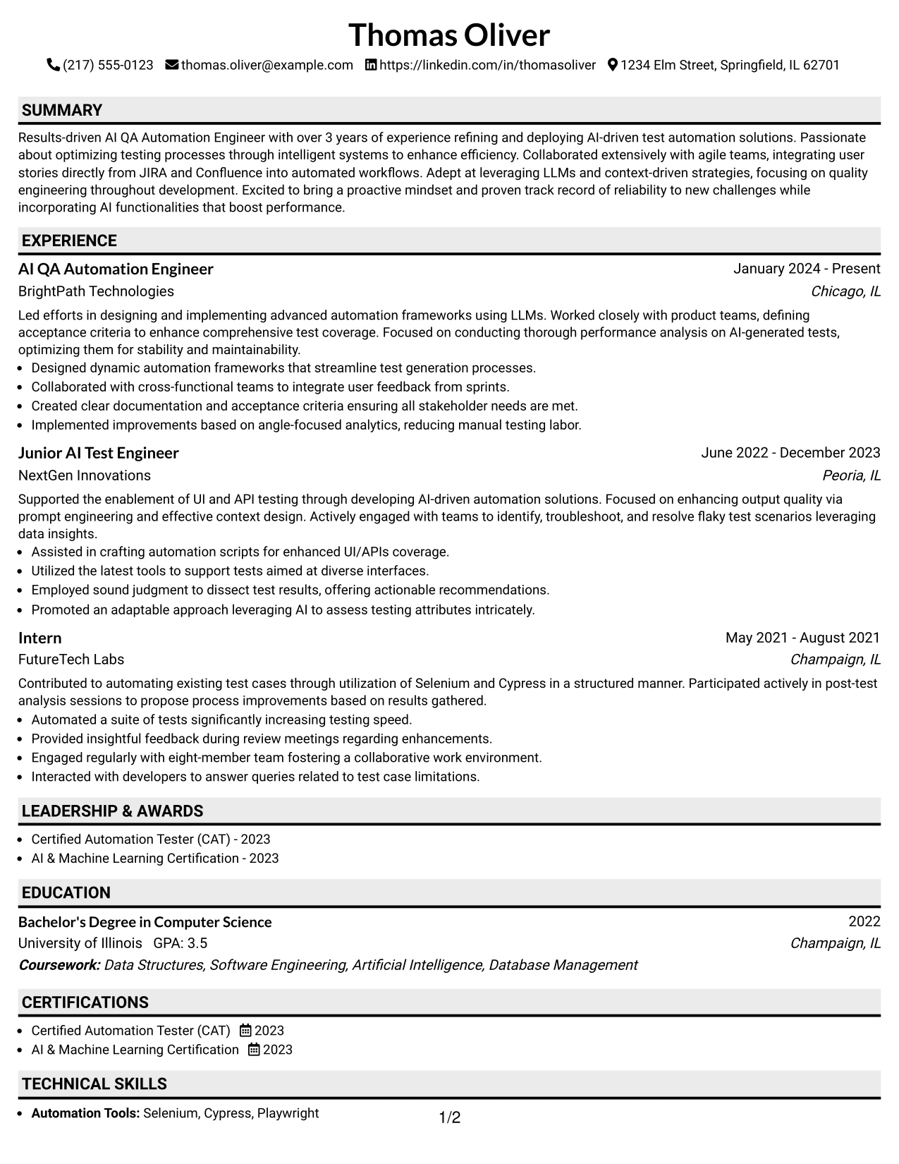 Resume Example Page 1