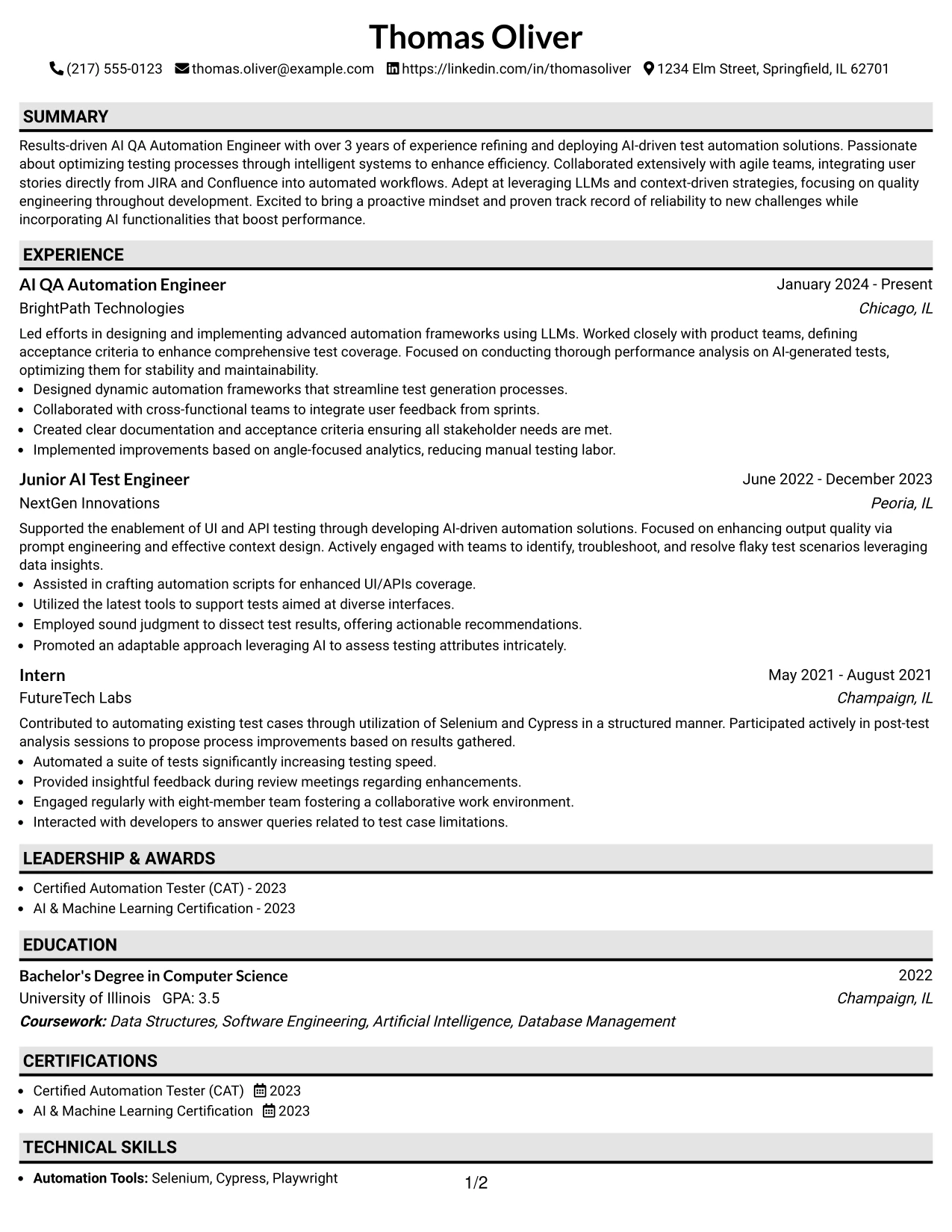 Resume Example Page 1