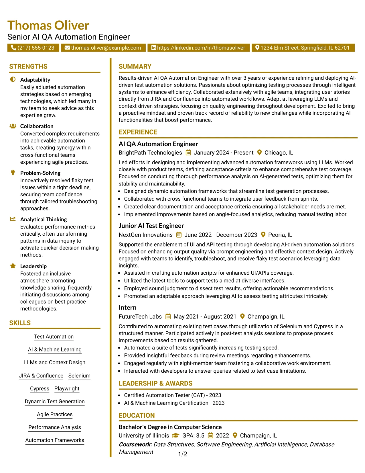 Resume Example Page 1