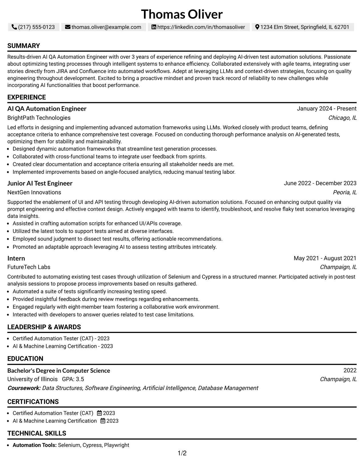 Resume Example Page 1
