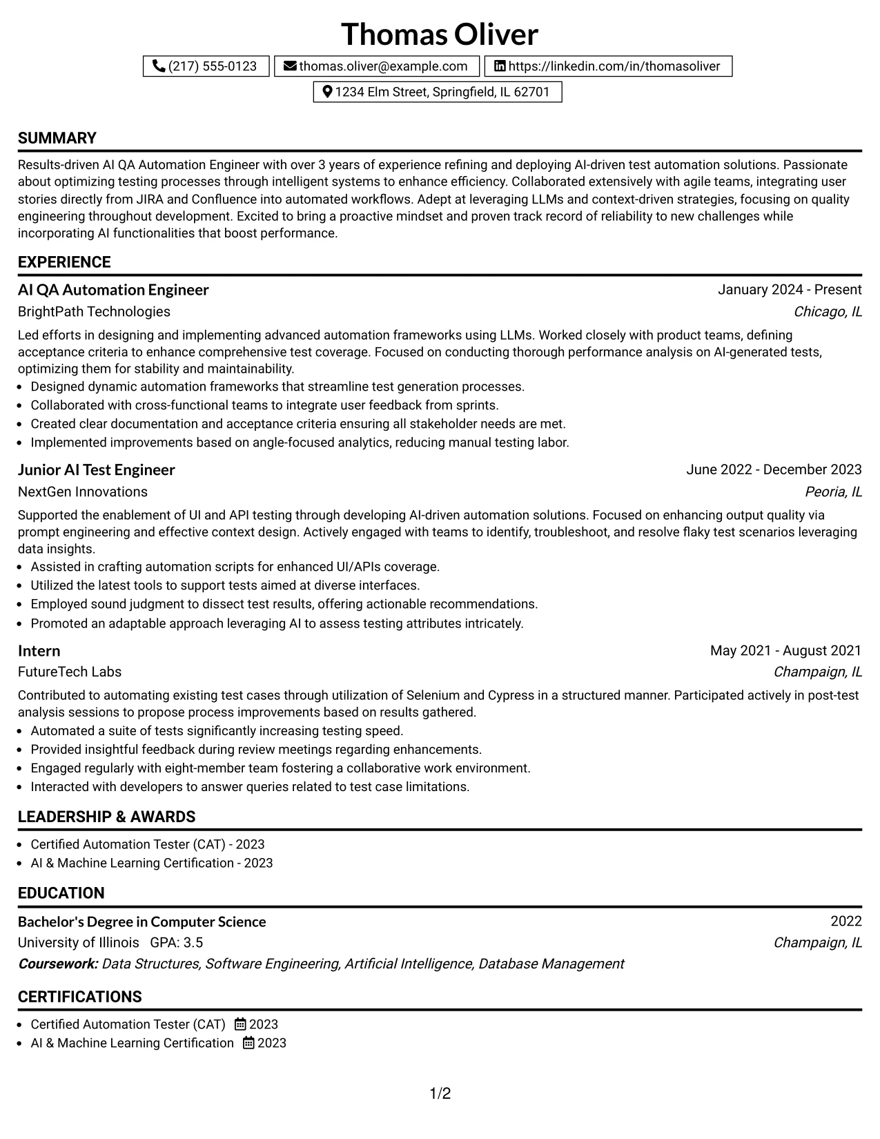 Resume Example Page 1
