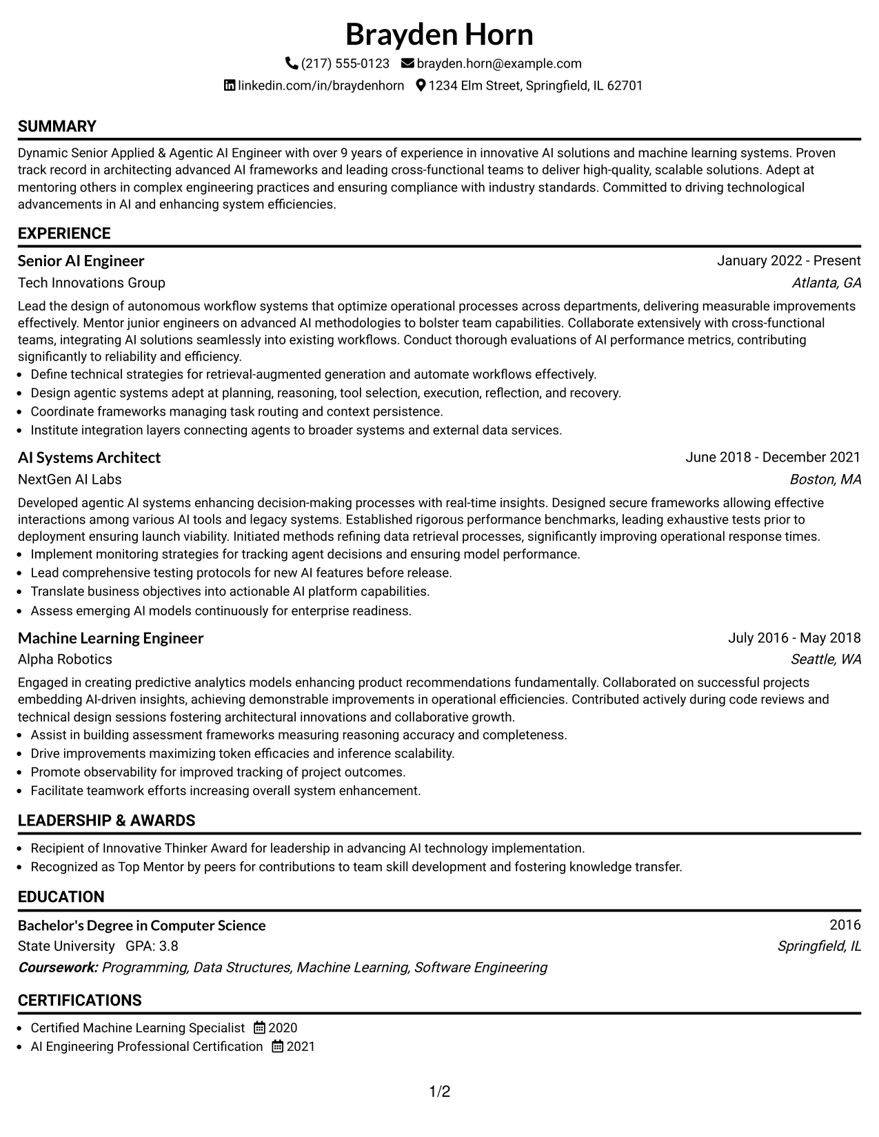 Resume Example Page 1