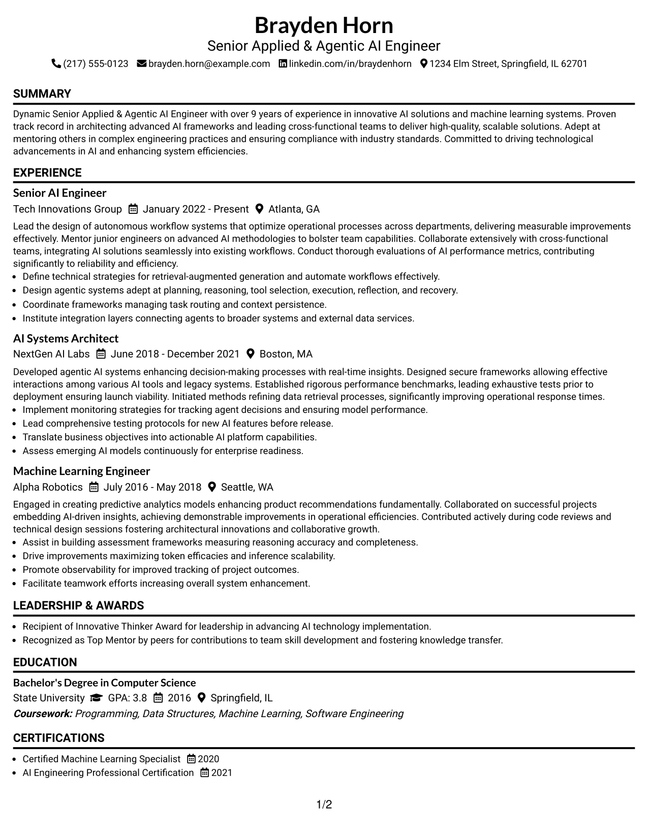 Resume Example Page 1