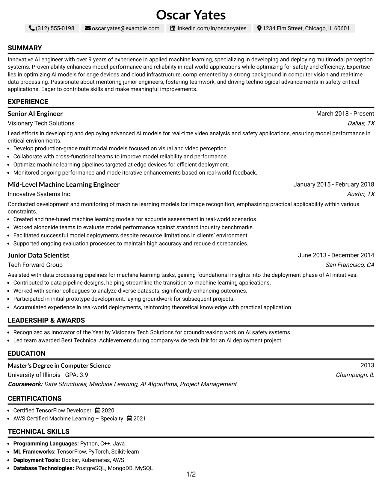 Resume Example Page 1
