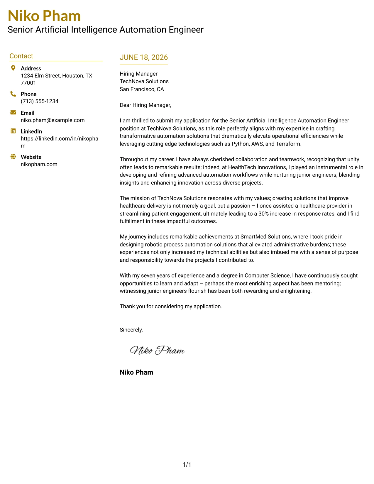 Resume Example Page 1