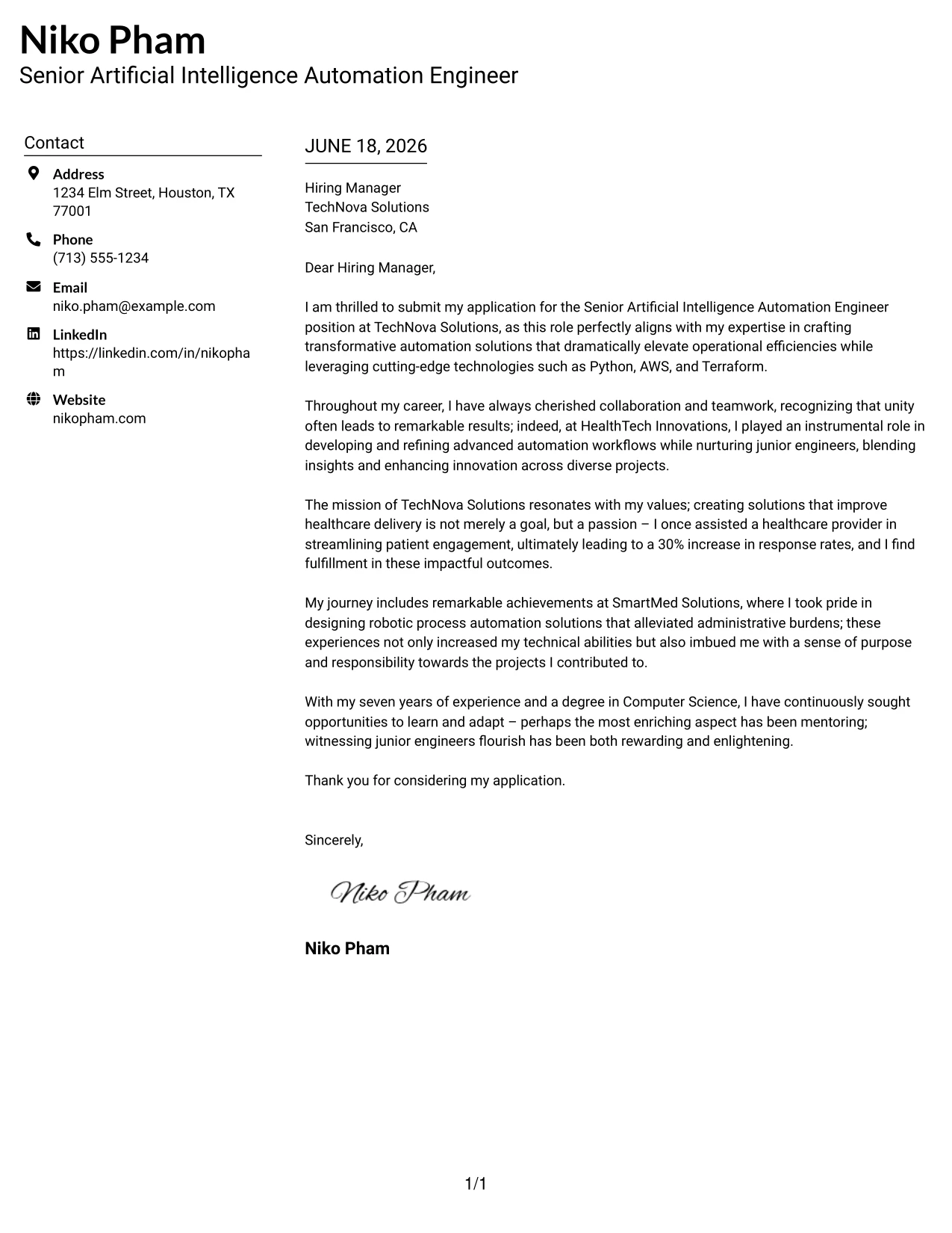 Resume Example Page 1