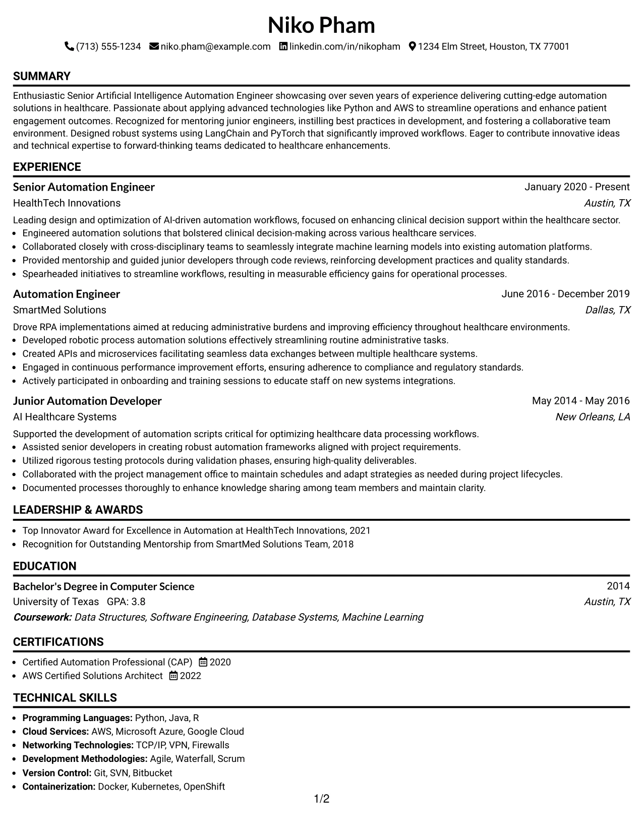 Resume Example Page 1