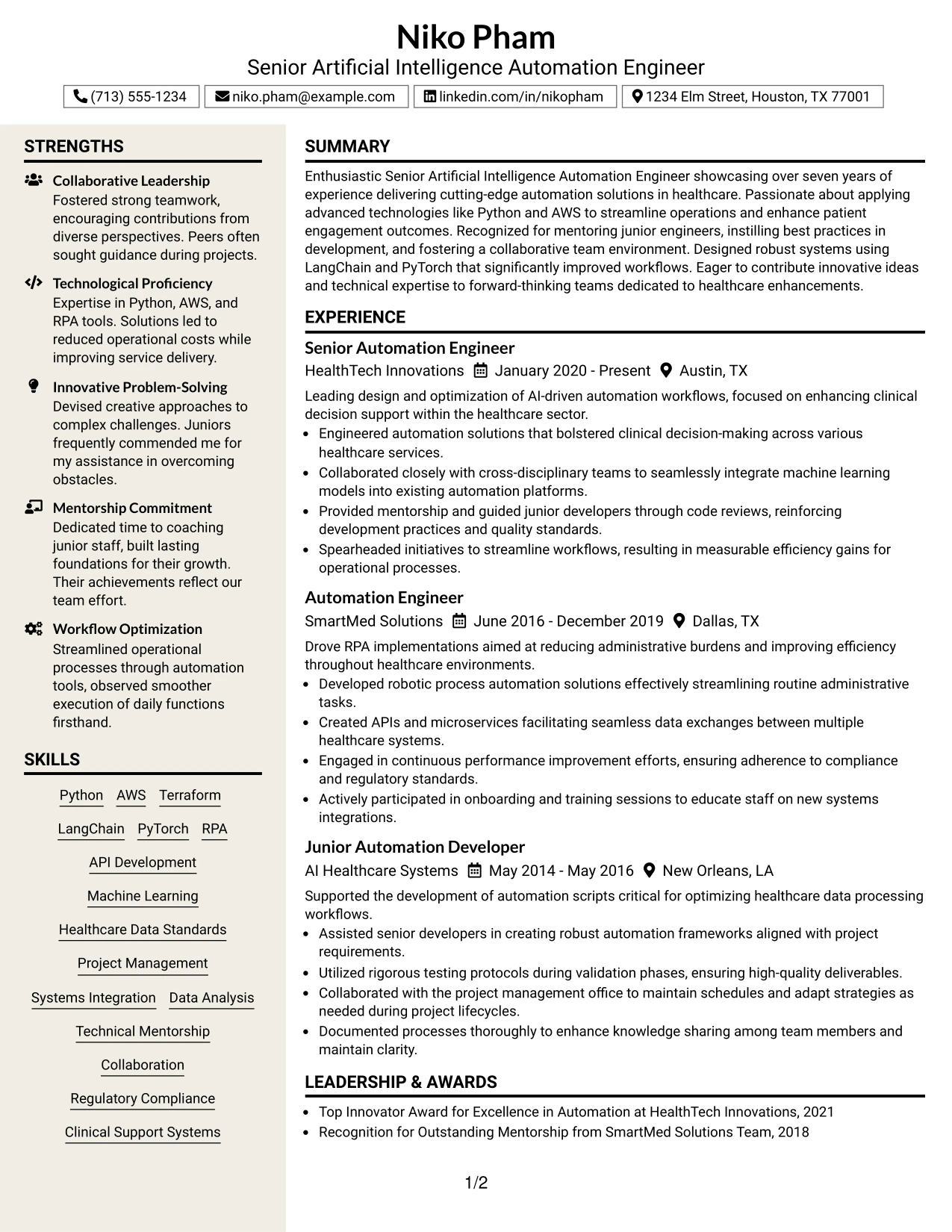 Resume Example Page 1