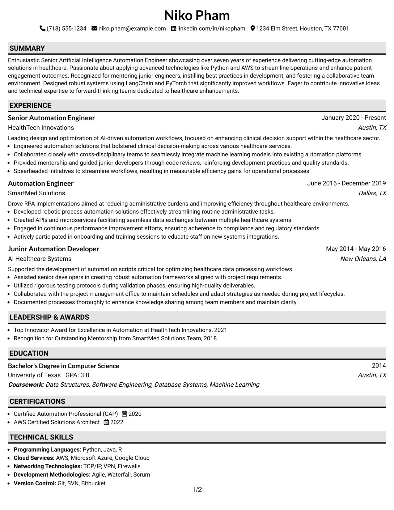 Resume Example Page 1