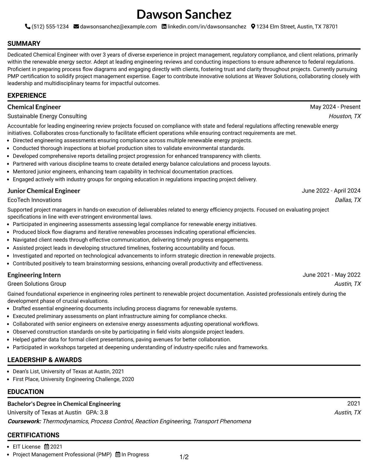 Resume Example Page 1