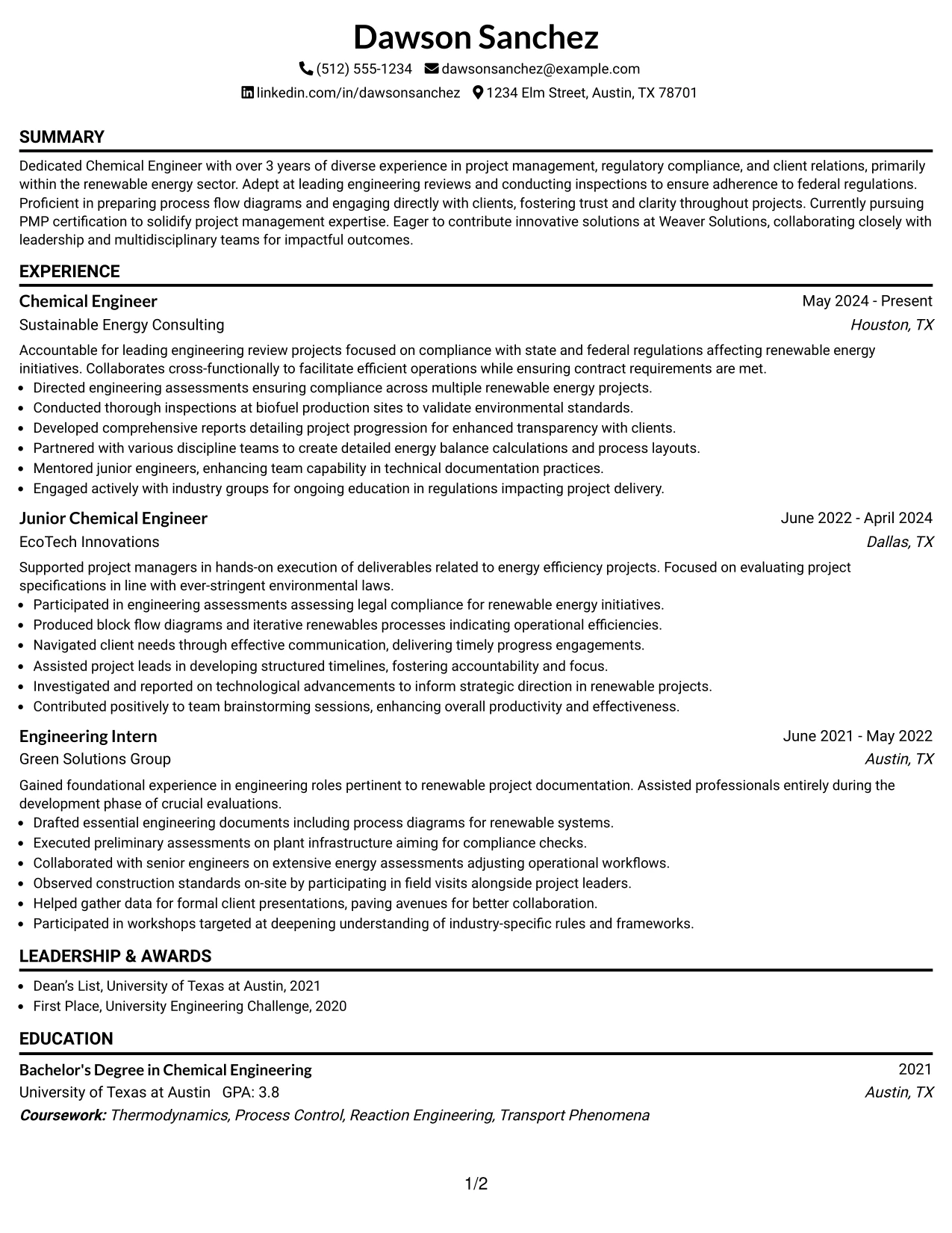 Resume Example Page 1
