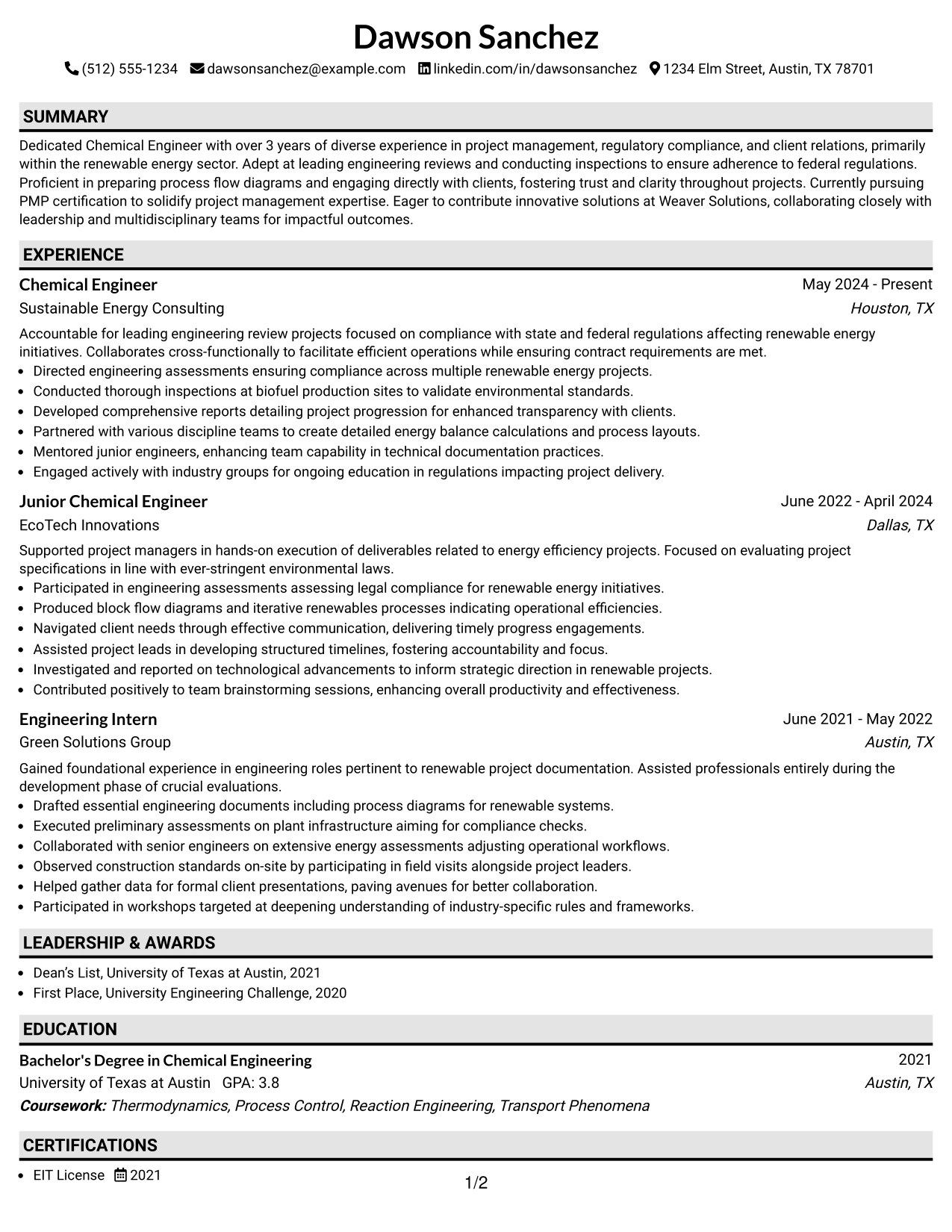 Resume Example Page 1