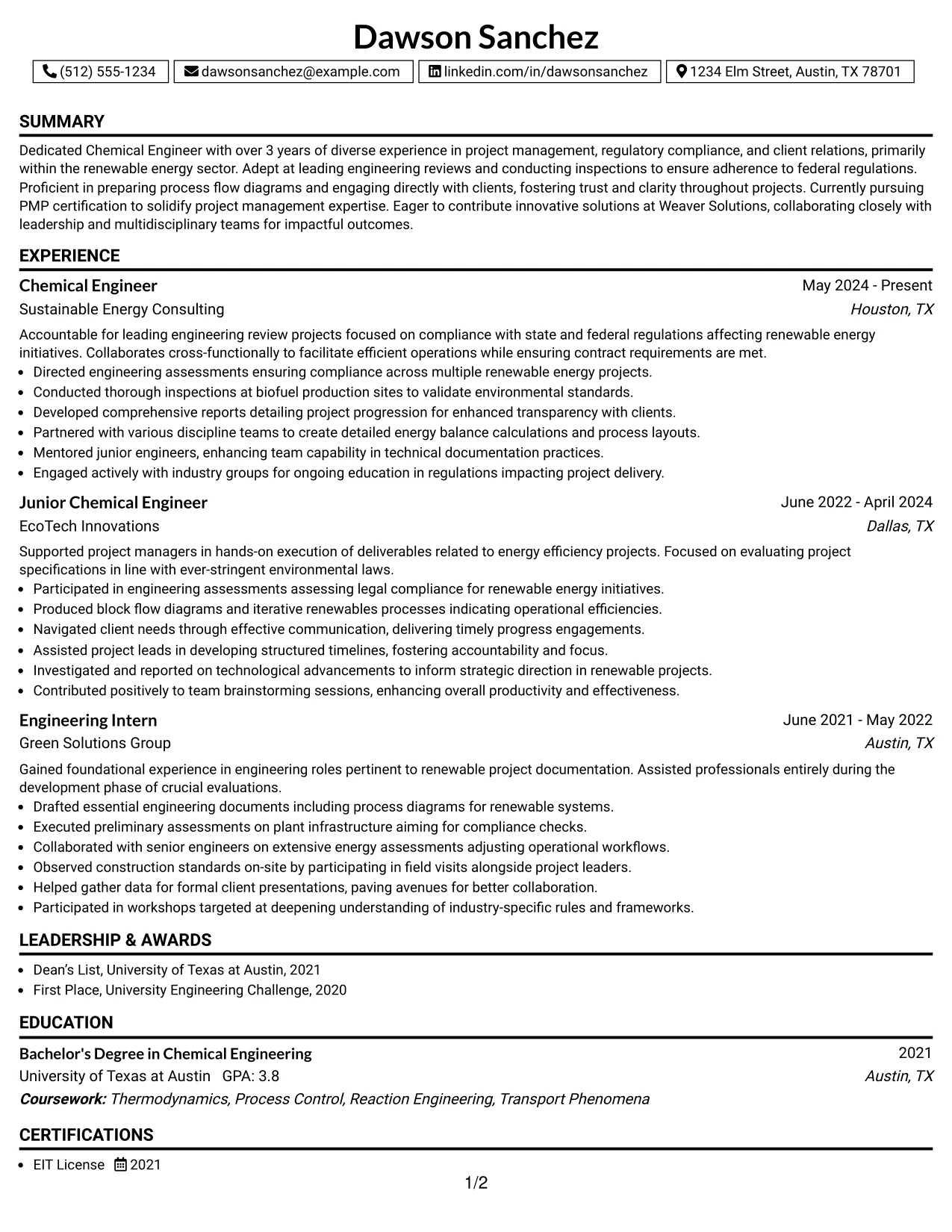Resume Example Page 1