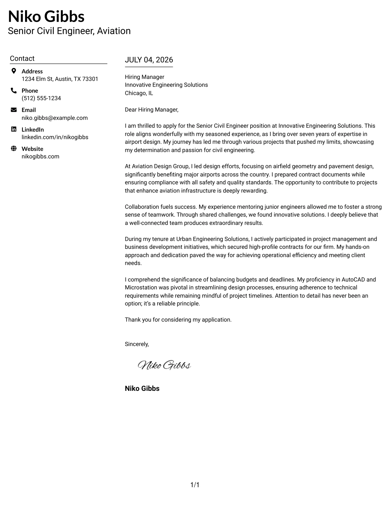 Resume Example Page 1