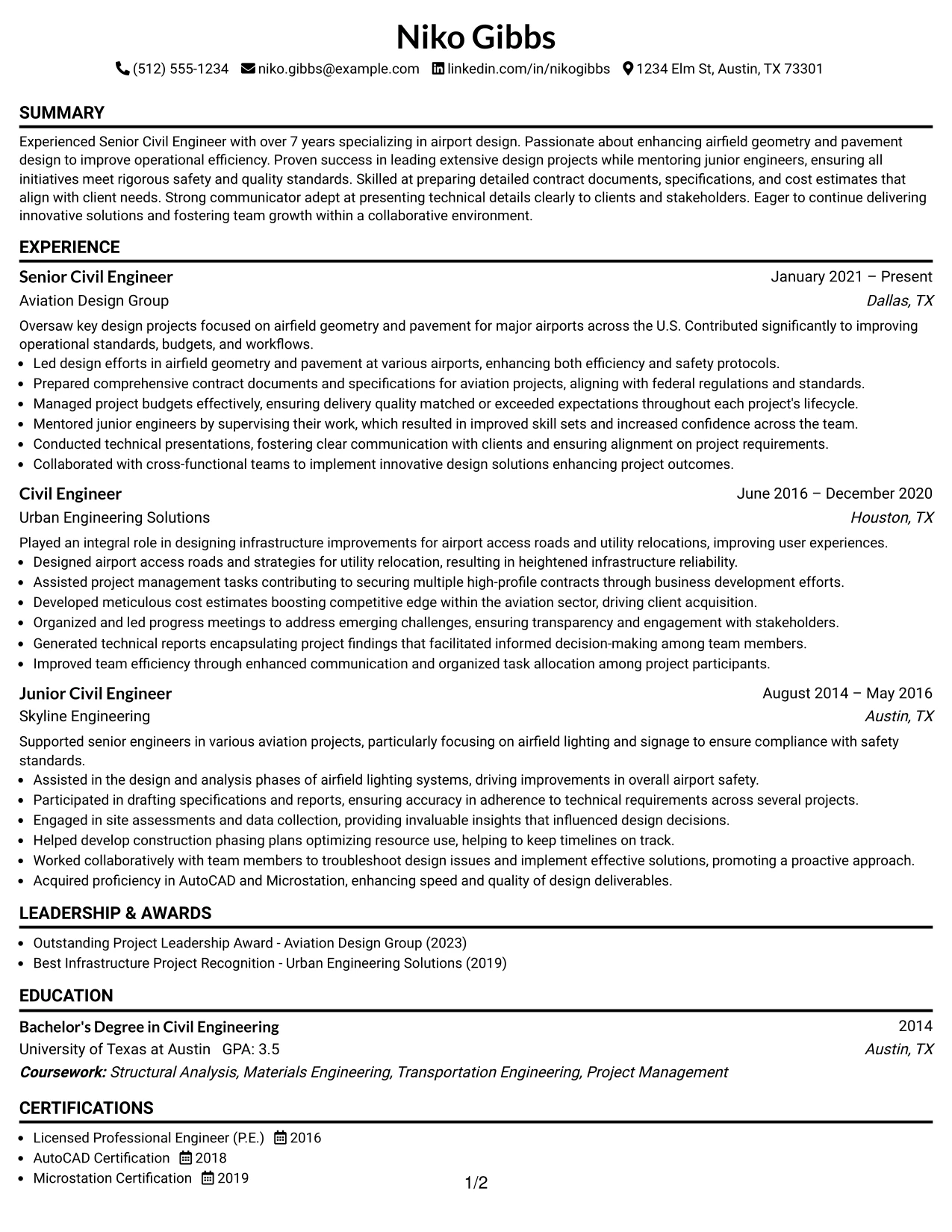 Resume Example Page 1