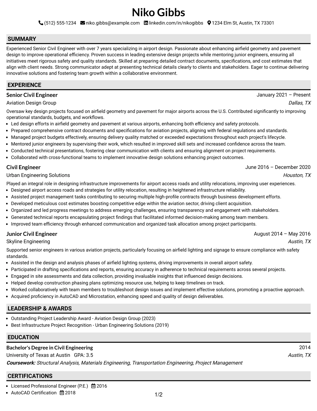 Resume Example Page 1