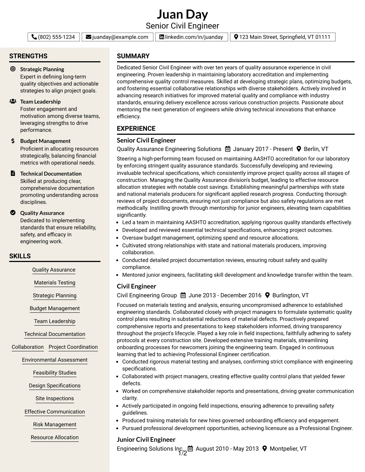 Resume Example Page 1