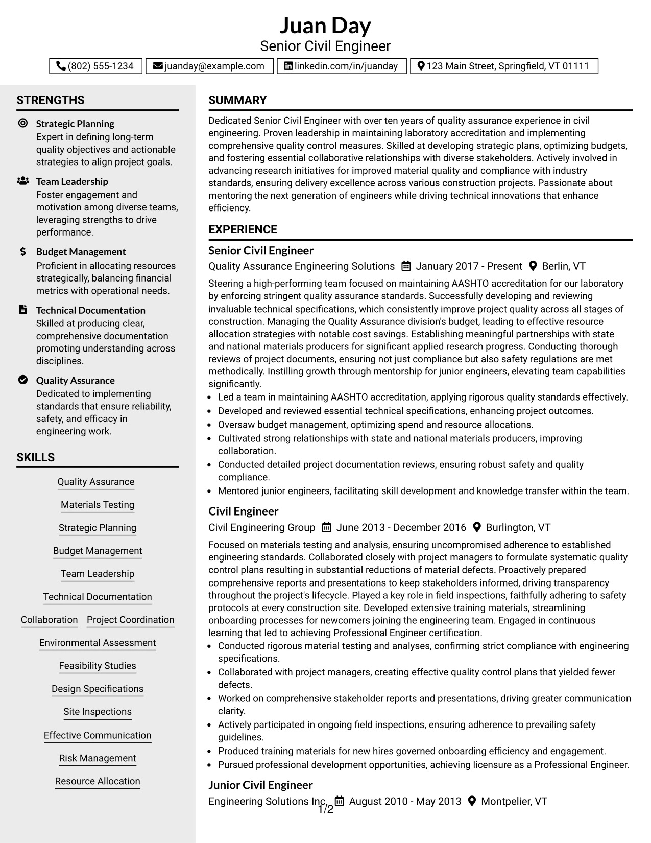 Resume Example Page 1