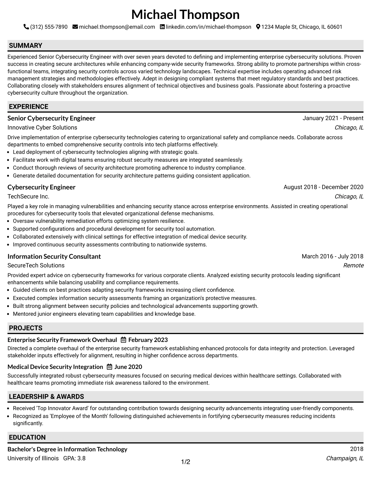 Resume Example Page 1