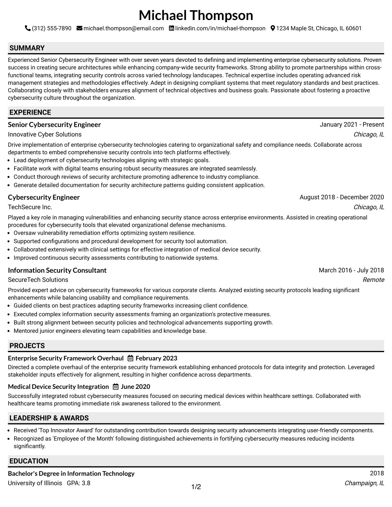 Resume Example Page 1