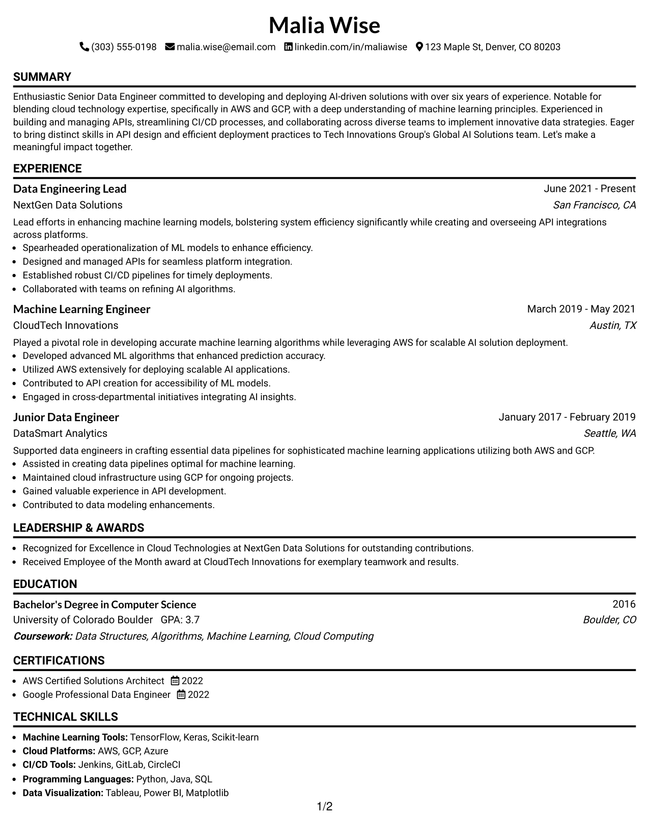 Resume Example Page 1