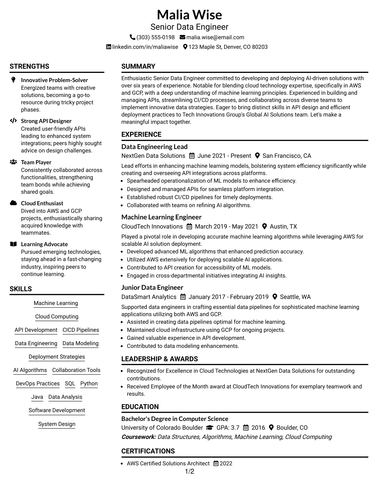 Resume Example Page 1