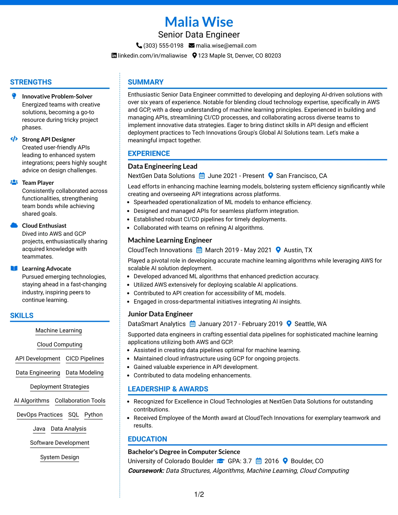 Resume Example Page 1