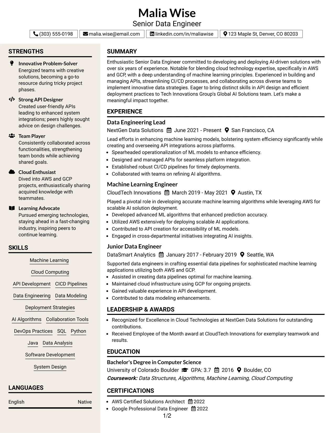 Resume Example Page 1
